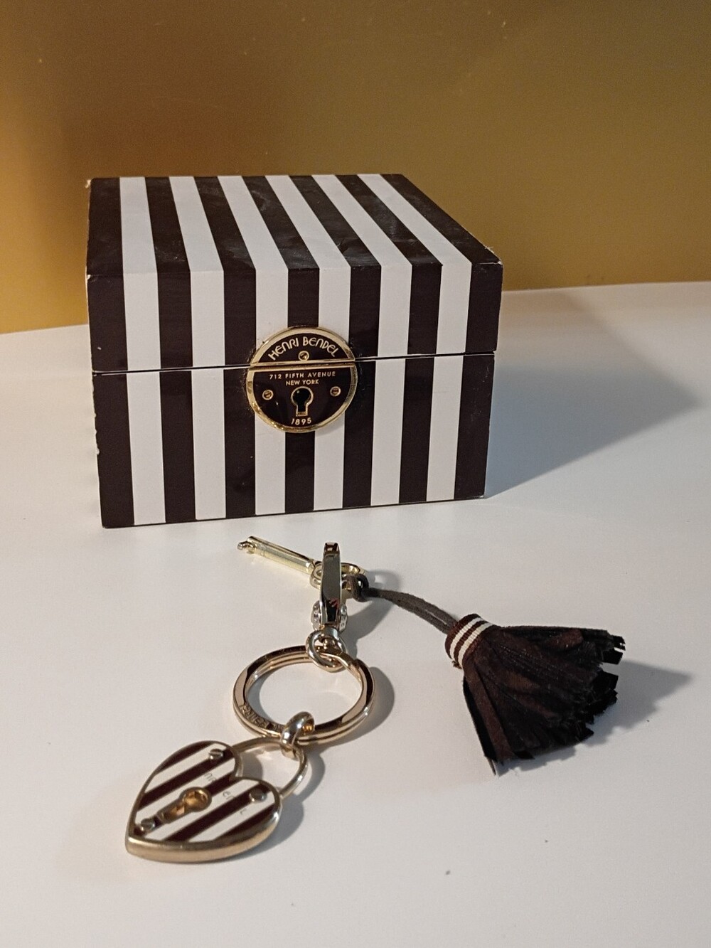 Henri Bendel Brown & White Striped Small Jewelry Box with Heart Tassel Keychain